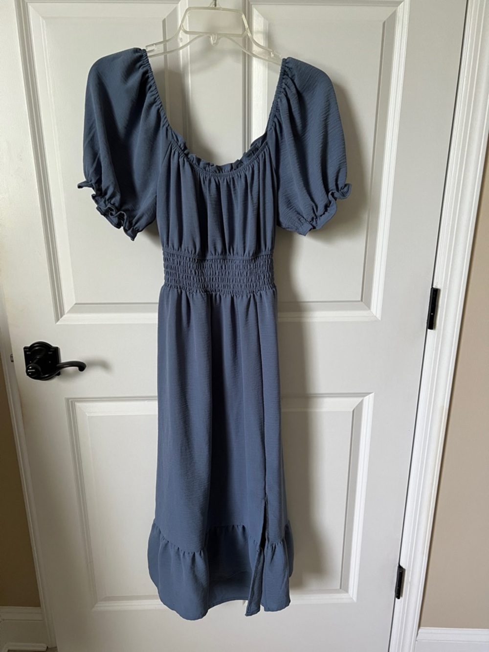 As U Wish Slate Blue Puff Sleeve Smocked Midi Dress